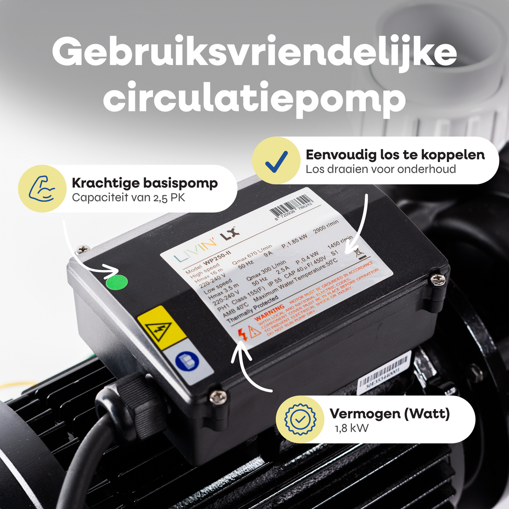 Detailweergave van de LX WP250 spa pomp met specificatielabel en thermische beveiliging