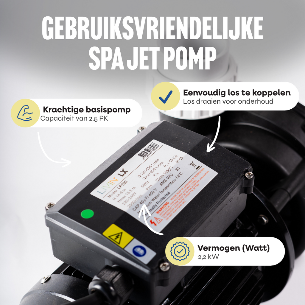 Detailweergave van de LX LP250 spa pomp met CE-keurmerk en specificatielabel